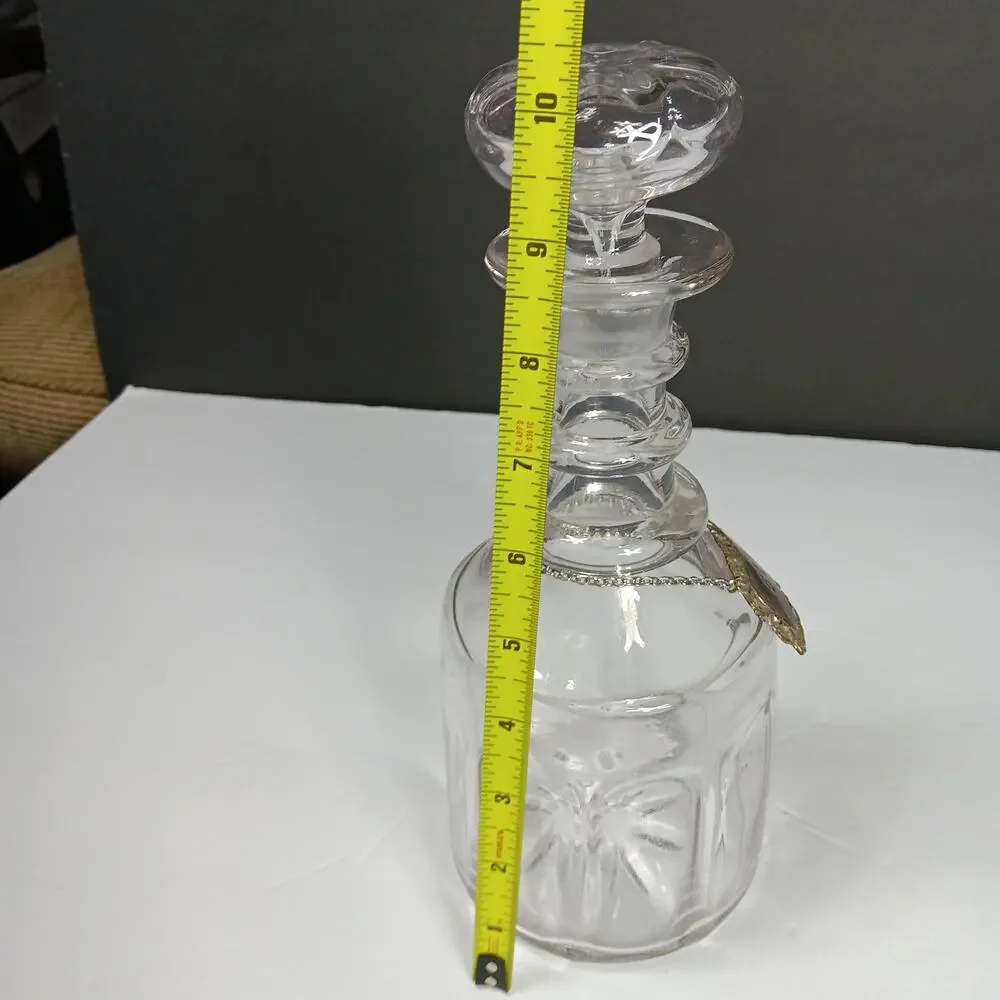 Vintage Glass Decanter Gin English Silverplate Label Tag Mushroom Stopper